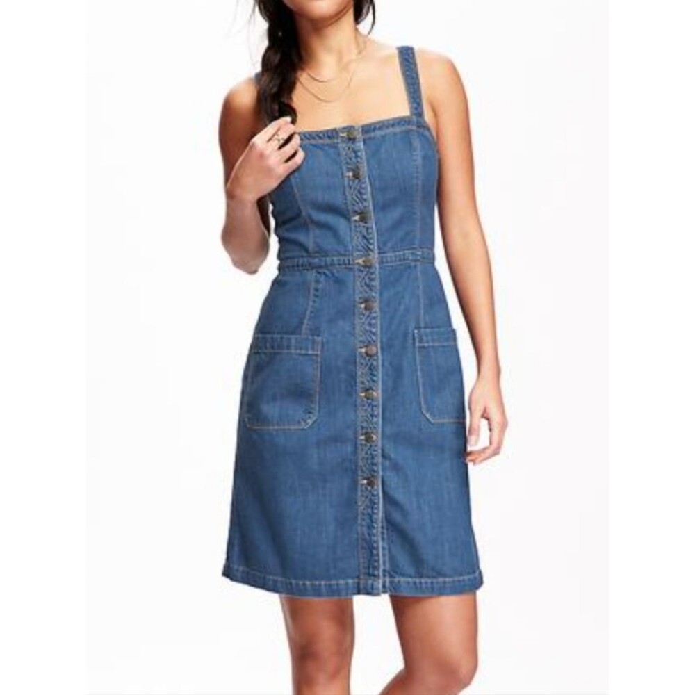 Old Navy Button Front Denim Pinafore Dress Dark Blue Adjustable Boho - Size 2